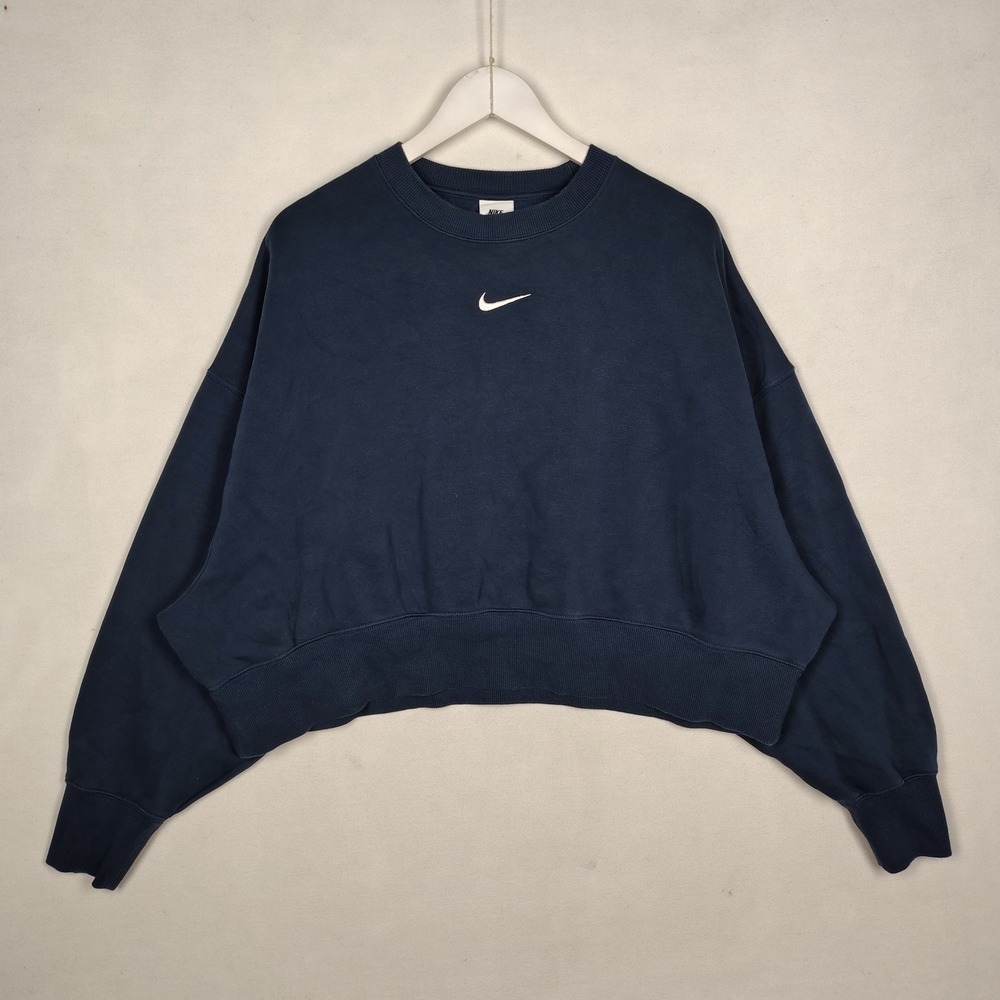 Nike Navy Blue Mini Swoosh Cropped Crewneck Sweatshirt Fleece Pullover Medium